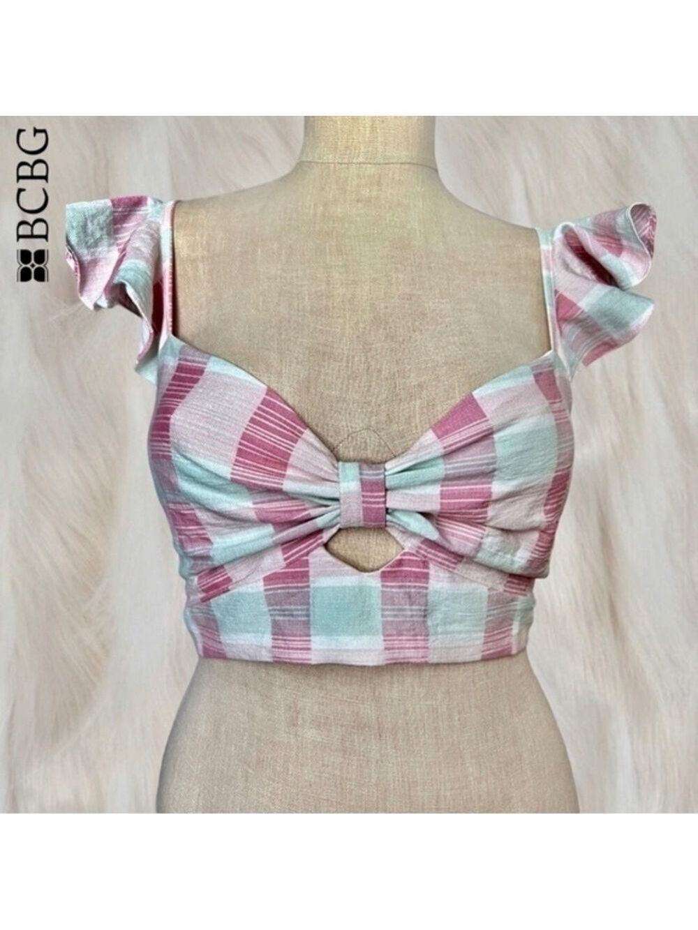 BCBGENERATION Madras Plaid Sweetheart Neck, Open Back/Bow-Tie Crop Top NWT/LG